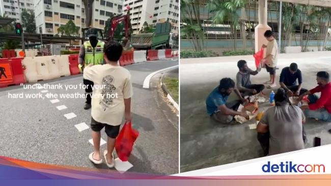 Mulia! Bocah Ini Bagi-bagi Minuman ke Pekerja Konstruksi