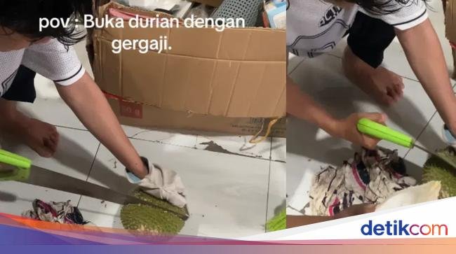 Kocak! Pria Ini Belah Buah Durian Pakai Gergaji Besar